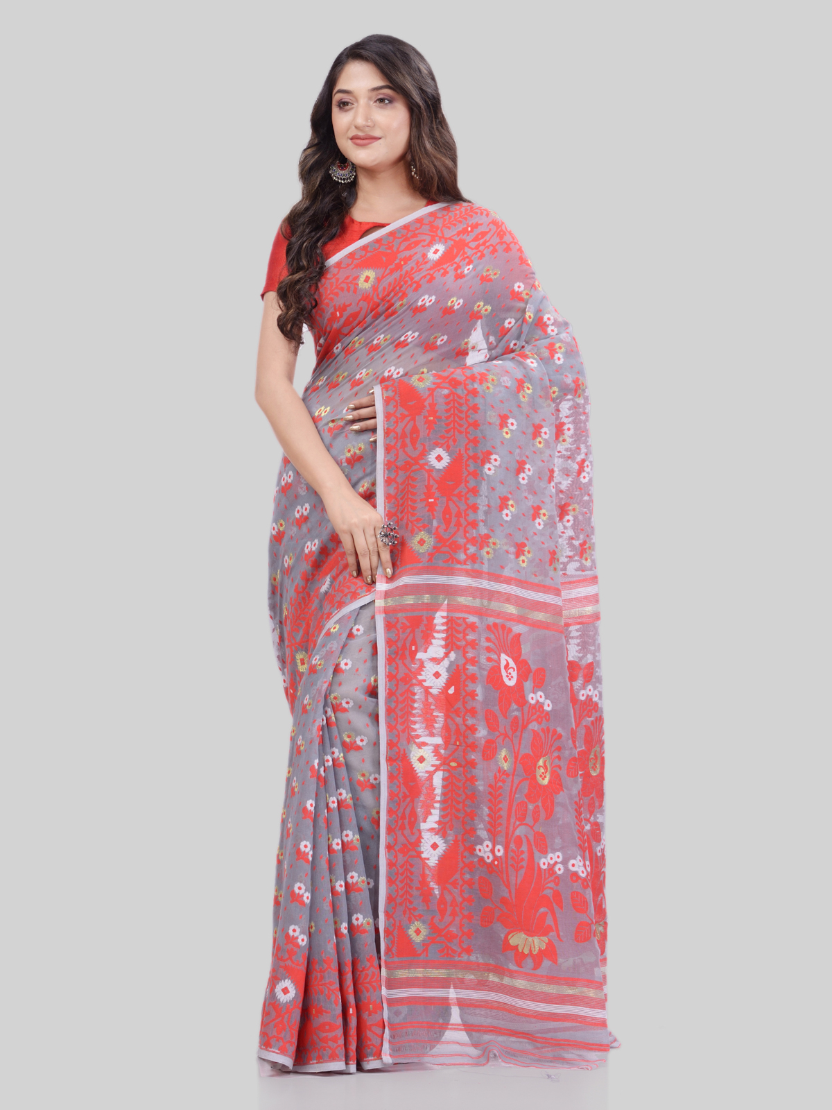 Dhakai Jamdani Bengal Pure Cotton Handloom Grey Red Saree